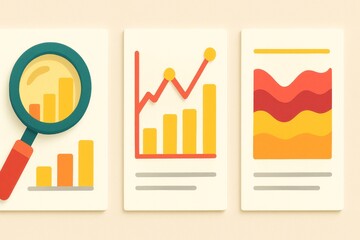 Data Analysis Charts Magnifying Glass Bar Graph Line Graph and Wave Chart Illustrations
