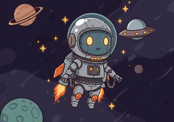 Fototapeta premium Adorable Robot Astronaut Soaring Through Space with Rocket Pack