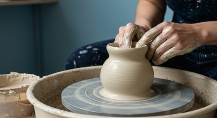 Potter's Hands Shaping Clay Vessel on Spinning Wheel