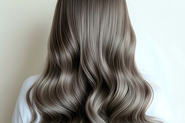 Fototapeta premium Back view of long wavy ash brown hair styled in soft Hollywood waves against white background, showcasing modern hair coloring technique and professional styling.