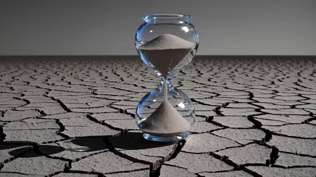 Hourglass filled with sand on cracked earth surface in drought,  themes of time scarcity, irreversible change, environmental degradation, and the symbolic pressure of limited natural resources