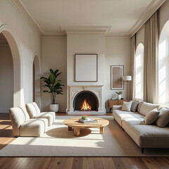An elegant, sunlit living room with modern classic design, featuring a grand fireplace with a blank frame, neutral sofas, and tall arched windows.
