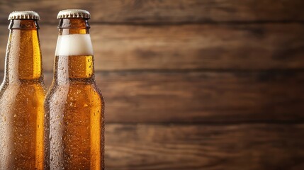 Two chilled beer bottles exuding condensation stand firmly on a rustic wooden surface, encapsulating the essence of relaxation and social gatherings at sunset gatherings.