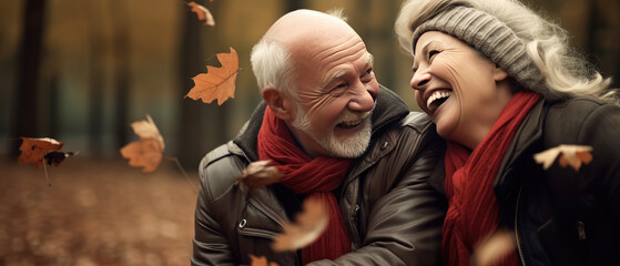 Obraz premium Joyful elderly couple spending a cozy afternoon outdoors during autumn