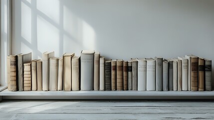 Row of vintage hardcover books arranged on white wooden shelf against minimalist wall with natural window light and shadow patterns. Serene library atmosphere.