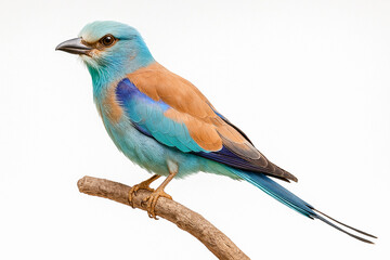 Fototapeta premium Colorful blue and brown exotic bird perched on a wooden branch against white background.