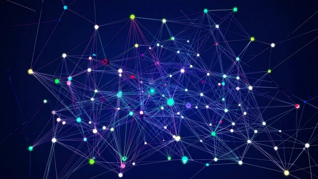 Abstract dynamic network visualization with bright connected nodes, symbolizing machine learning, deep learning models, artificial intelligence, cloud-based computing