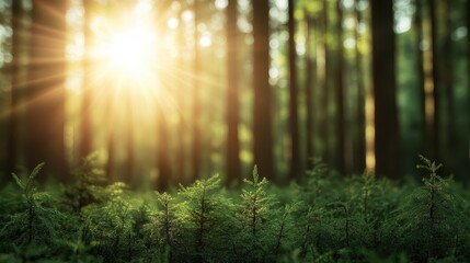 Fototapeta premium A breathtaking view of sunlight filtering through tall, majestic pine trees in a serene forest, evoking a peaceful atmosphere for nature lovers and wanderers alike.