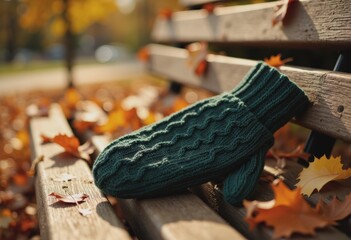 Lost green mitten resting on a park bench surrounded by autumn leaves