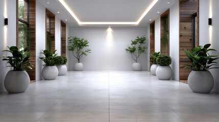 Fototapeta premium This modern interior features a minimalistic design with potted plants, illustrating tranquility, simplicity, and the fusion of nature within contemporary living spaces.