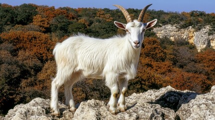 Obraz premium On a rocky surface, a grown goat stands with poise, its elegantly curved horns a notable feature