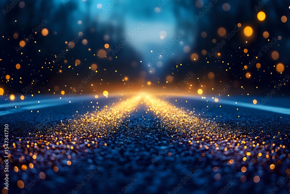 Poster glowing golden particles and light rays on dark blue textured surface create magical atmosphere with