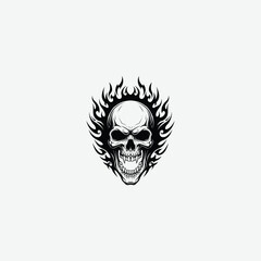 High-impact black and white skull graphic with fierce flames and tattoo-style design. Perfect for intense artwork, tattoos, biker themes, and edgy merchandise.