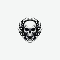 High-impact black and white skull graphic with fierce flames and tattoo-style design. Perfect for intense artwork, tattoos, biker themes, and edgy merchandise.