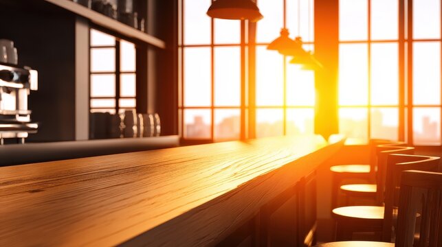 Cozy café interior with wooden bar counter and sunset view through large windows