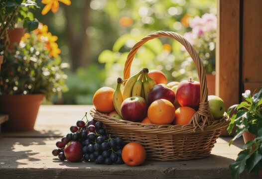 Fresh fruit basket on a doorstep in the morning light - Powered by Adobe