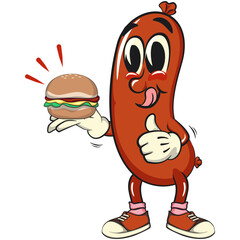 Cheerful sausage cartoon mascot carrying a burger while giving a thumbs up, fun meat snack character illustration, isolated high-quality vector perfect for branding and design use, work of hand drawn