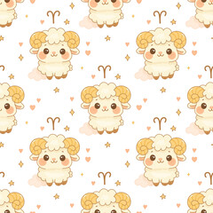 Aries zodiac sign pattern, cute cartoon sheep repeat