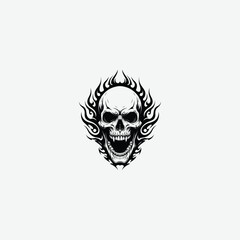 High-impact black and white skull graphic with fierce flames and tattoo-style design. Perfect for intense artwork, tattoos, biker themes, and edgy merchandise.