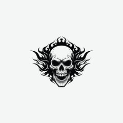 High-impact black and white skull graphic with fierce flames and tattoo-style design. Perfect for intense artwork, tattoos, biker themes, and edgy merchandise.