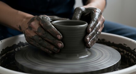 Potter's Hands Shaping Clay on a Spinning Wheel, Dark Tones