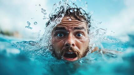 Fototapeta premium A man with an expression of fear and surprise emerges from the water, surrounded by splashes and bright blue hues, conveying a sense of urgency and emotion in a candid moment.