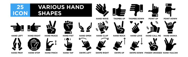 various hand shapes icon collection set. Hand Wave, Hand Thumbs Up, Hand Thumbs Down, Hand Point Up, Hand Point Down