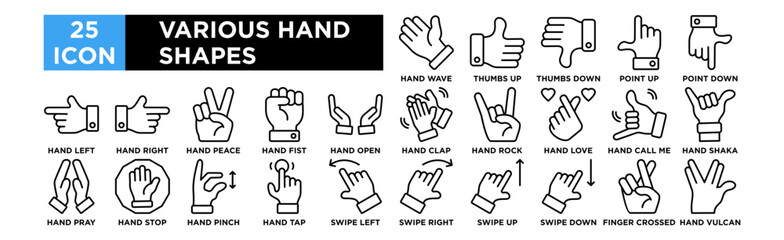 various hand shapes icon collection set. Hand Wave, Hand Thumbs Up, Hand Thumbs Down, Hand Point Up, Hand Point Down
