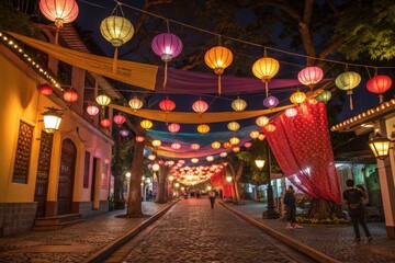 Naklejka premium Night scene of cobblestone street decorated with colorful lanterns