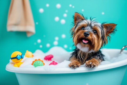 An adorable wet dog enjoying a gentle bath — a perfect blend of care, comfort, and cleanliness. Ideal for promoting pet grooming services or relaxing pet-friendly spa moments.