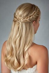 The blonde-haired woman is dressed in white and her hair is pulled back into a bun