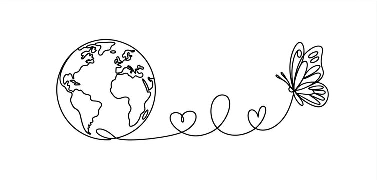 One Line Drawing Earth Butterfly Love Concept
