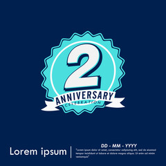 2nd years anniversary celebration emblem. congratulation anniversary blue medal logo isolated with ribbon on blue background. vector illustration template design for web banner