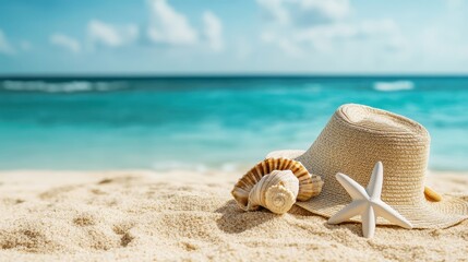 A tranquil summer beach scene featuring a straw hat, seashells, and clear blue waters, evoking feelings of relaxation, peace, and a longing for vacation days spent by the coast.
