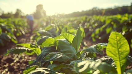 Tobacco plants in a field, sunlit.  Workers are slightly visible in background