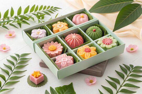 Elegant box of assorted flower shaped wagashi