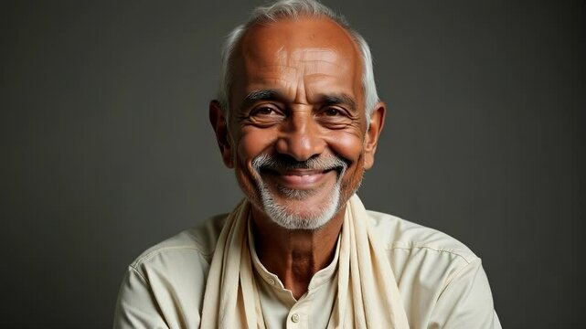 Portrait of an Elderly Indian Man with White Hair and Goatee Wearing Traditional Dhoti and Kurta