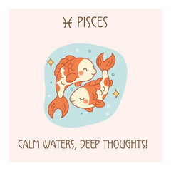 Pisces zodiac sign poster, cute twin cartoon fish