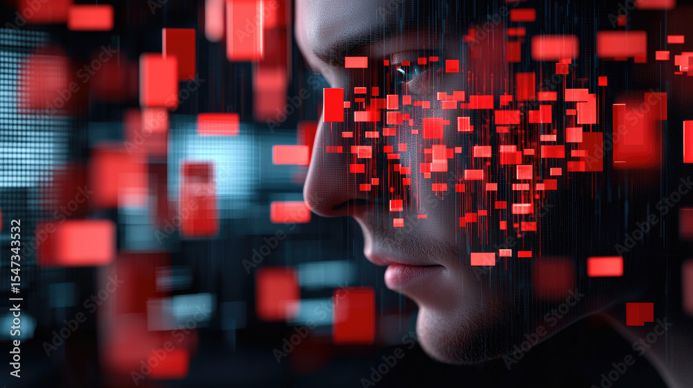 Poster human face with digital data flow, abstract technology, innovation, artificial intelligence, futuris