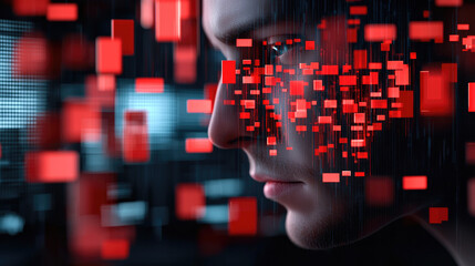 Human face with digital data flow, abstract technology, innovation, artificial intelligence, futuristic, red, blue