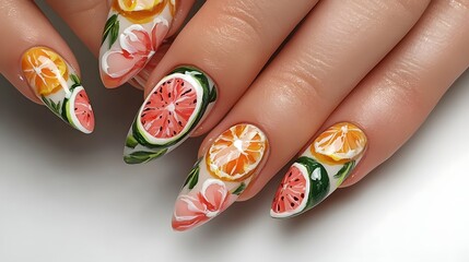 Nails decorated with fruit-themed designs like waterm