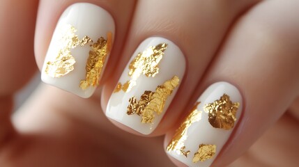 Nails decorated with tiny gold leaf 