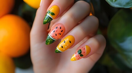 Nails decorated with fruit-themed designs like waterm