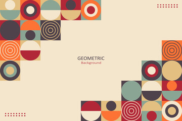 A modern geometric background with retro-style circular patterns at the corners and a minimalist beige space with text at the center, ideal for creative design layouts.