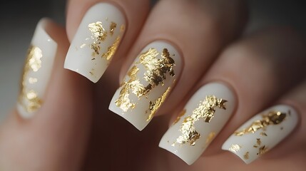 Nails decorated with tiny gold leaf 