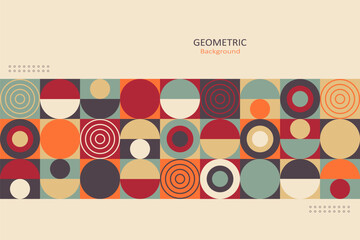 A modern geometric background with retro-style circular patterns at the center and a minimalist beige space with text, ideal for creative design layouts.