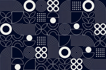 A modern geometric pattern in navy and white, featuring circles, arcs, dots, leaves, and minimalist lines arranged in a clean, abstract, symmetrical layout.