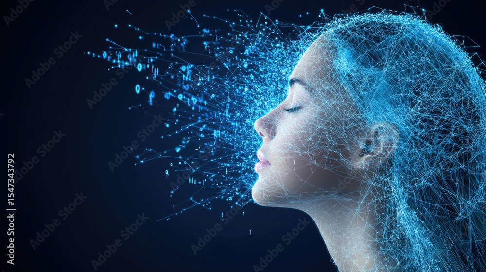 Aufkleber Digital human head with data flow innovation technology artificial intelligence futuristic blue abstract network