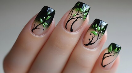 Nails painted in deep forest green with a glossy fini