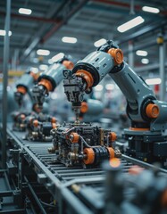 Fototapeta premium Robotic arms assembling products on a production line in a modern factory